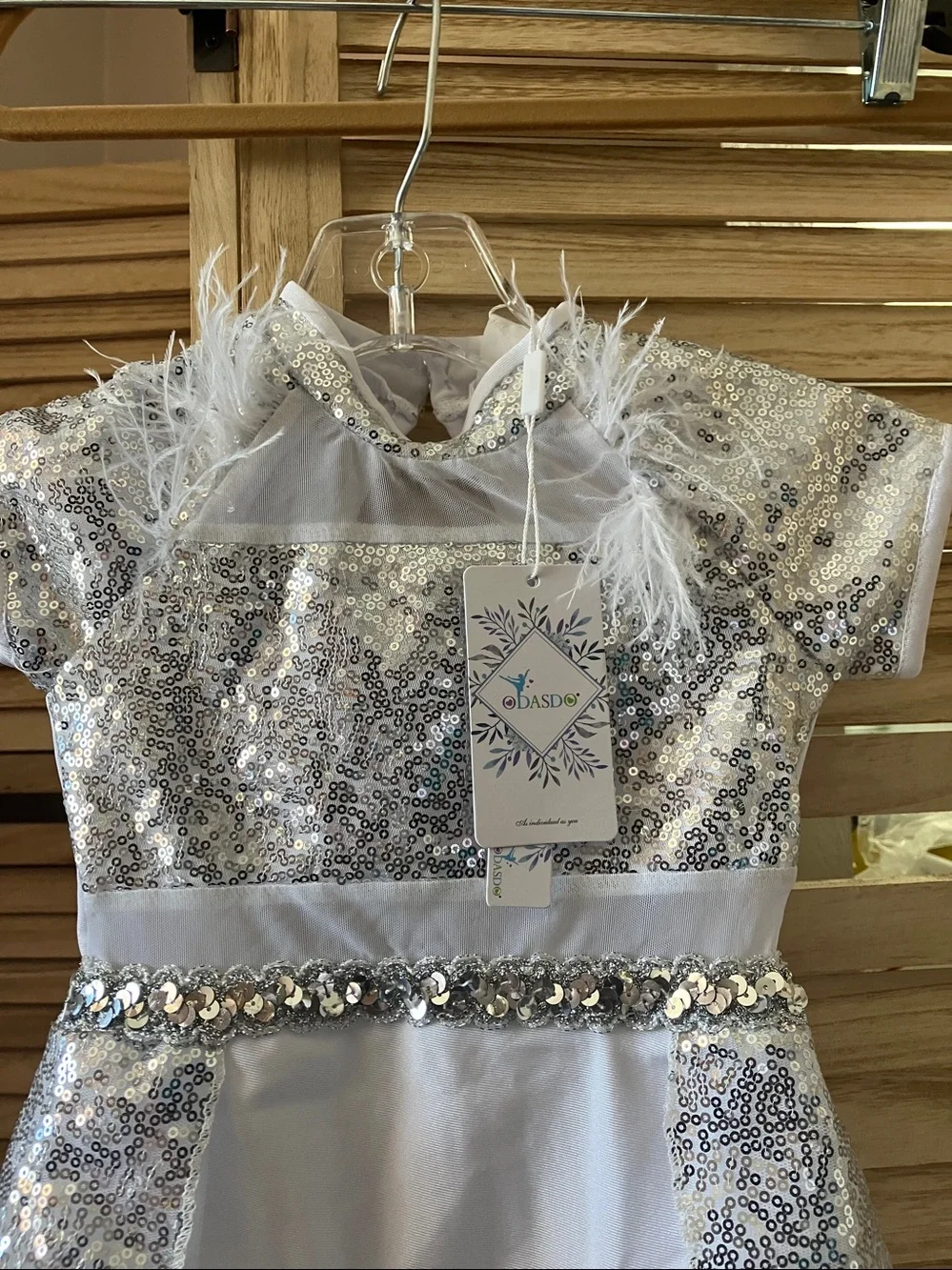 Silver Sequin Kids' Dance Costume with Feather Trim 3-4 years NWT